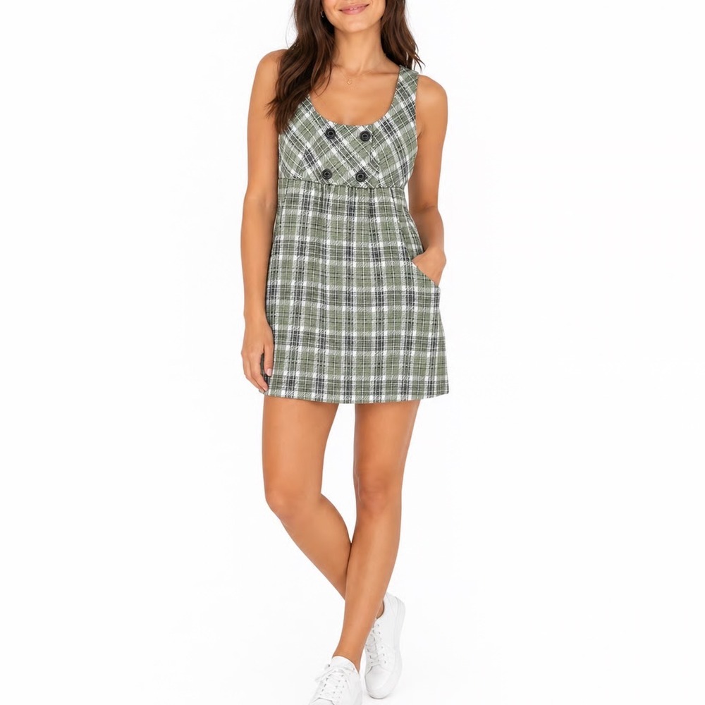 A-List by Wrapper Green Plaid Pinafore Mini Dress XL Sleeveless Jumper Pockets